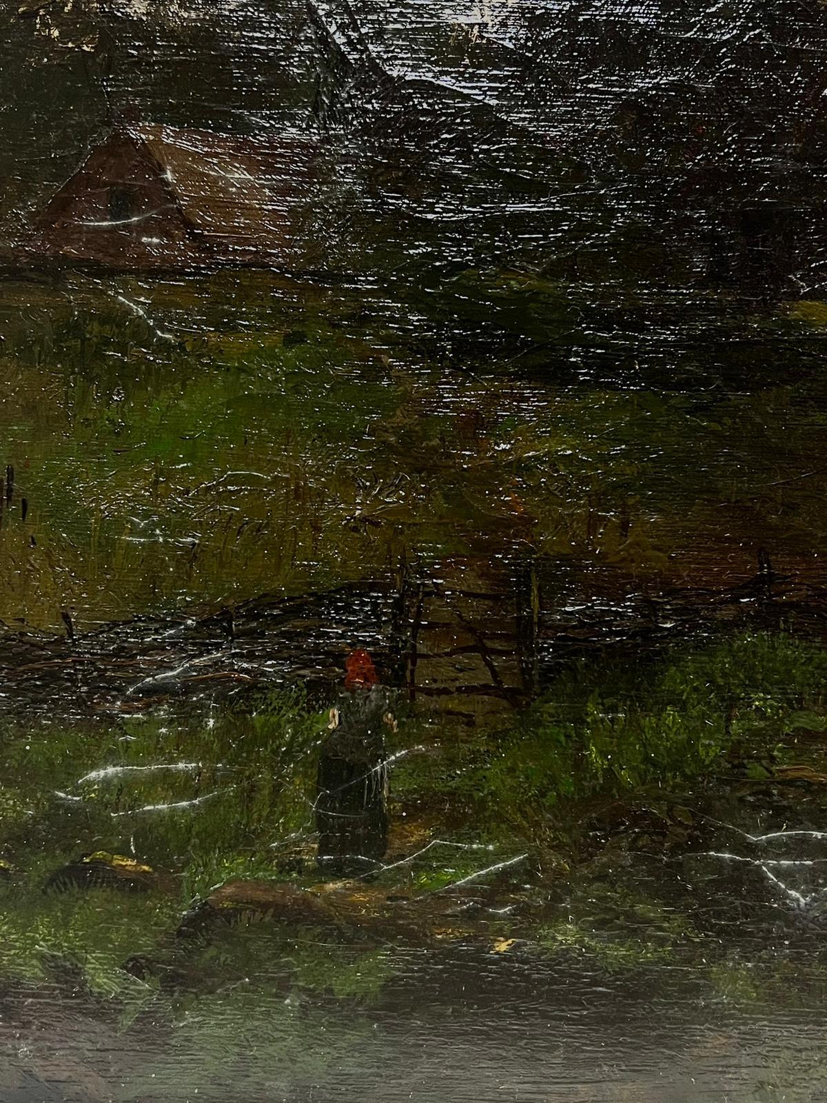 Large 19th Century French Barbizon Oil Figure in deep Green Woodland Landscape - Barbizon School Painting by Barbizon School