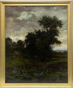Large 19th Century French Barbizon Oil Figure in deep Green Woodland Landscape