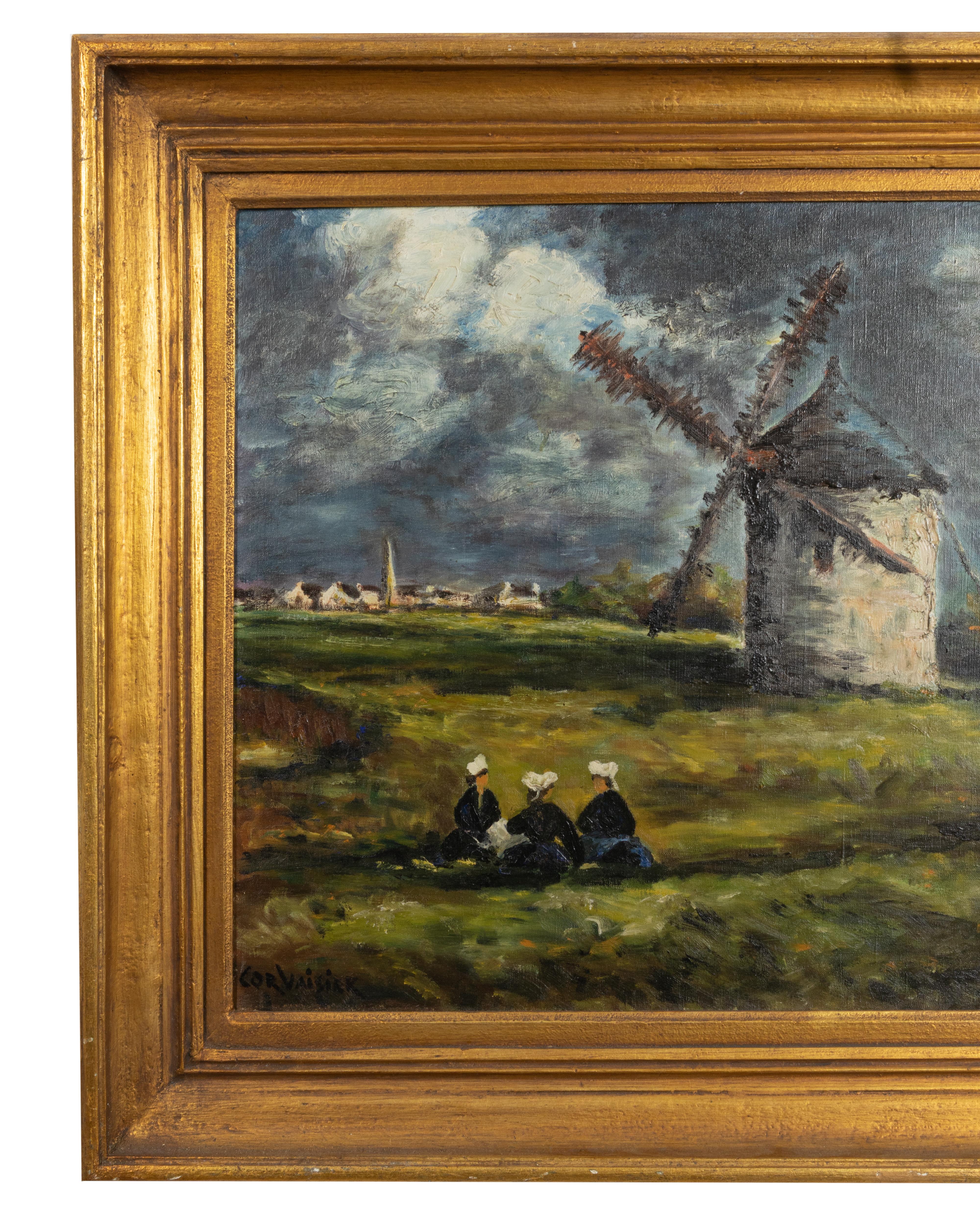 A visually striking painting executed in the Barbizon School style, this artwork portrays a serene countryside scene where three women seek refuge beneath a picturesque windmill. In the faraway distance, a quaint village and a church tower add to