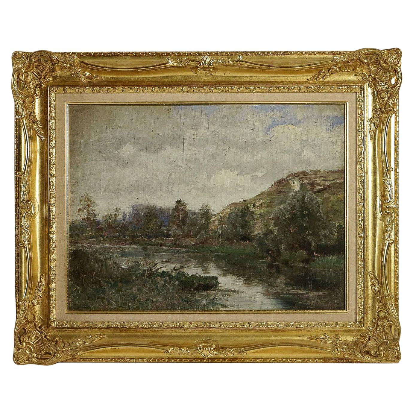 Barbizon School, River Landscape, Oil on Cardboard, circa 1880-1890 For Sale