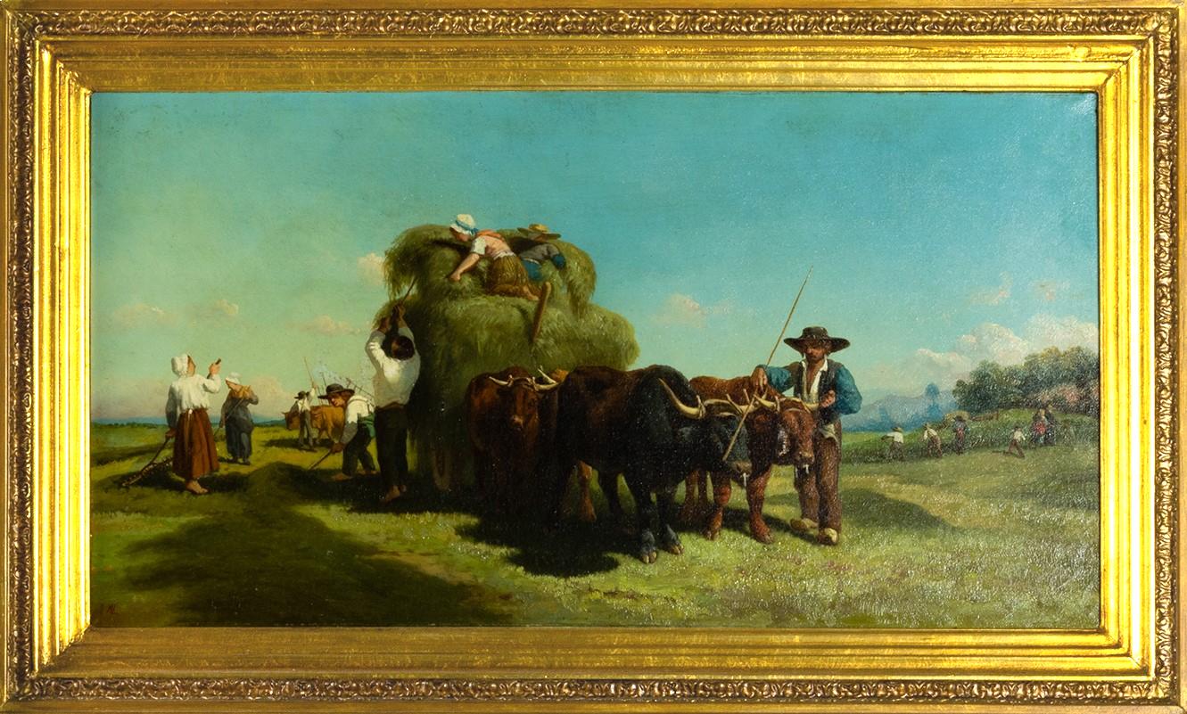 Portuguese Barbizon, Shepherds Farmers Painting by Antoine Lalanne, 19th Century For Sale