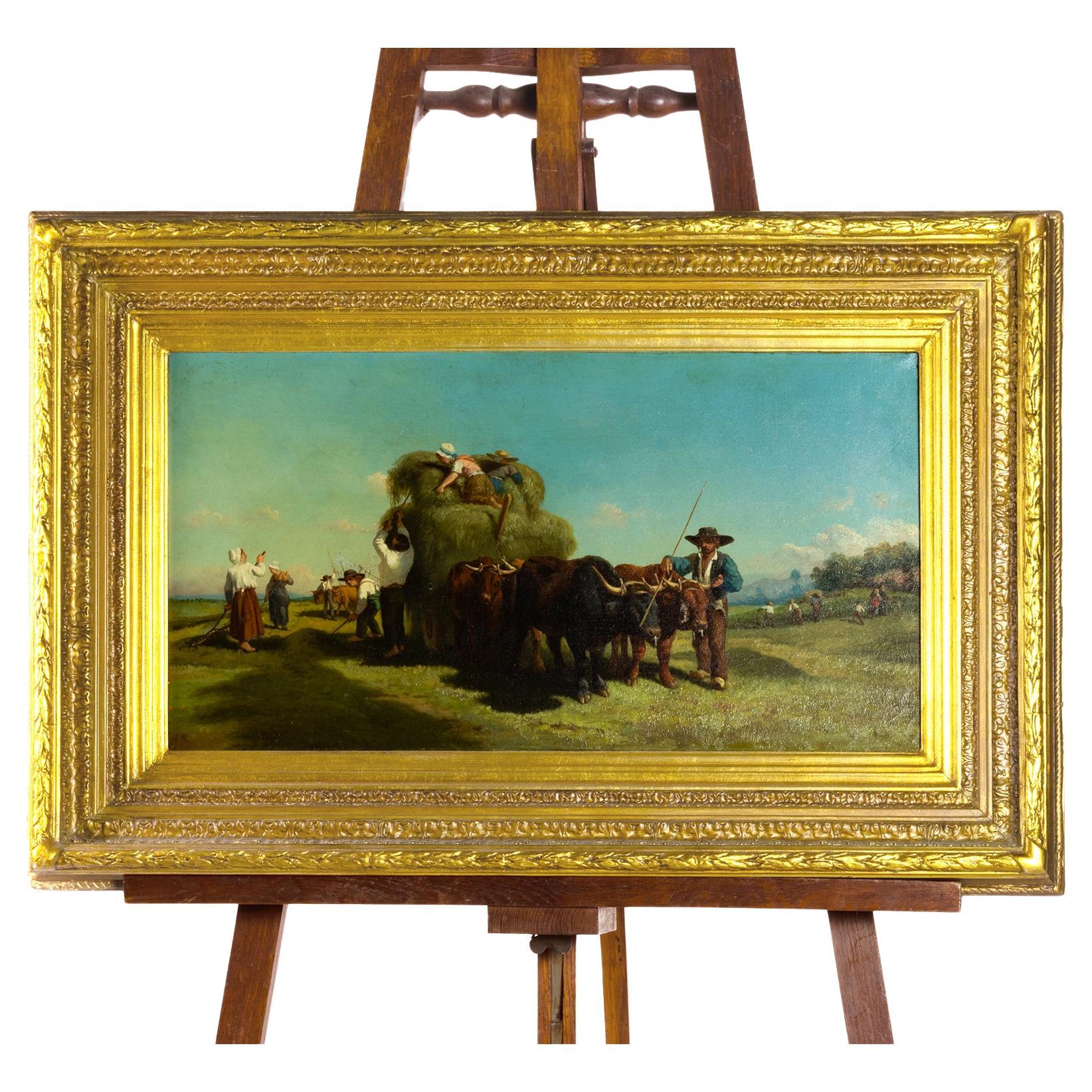 Barbizon, Shepherds Farmers Painting by Antoine Lalanne, 19th Century For Sale