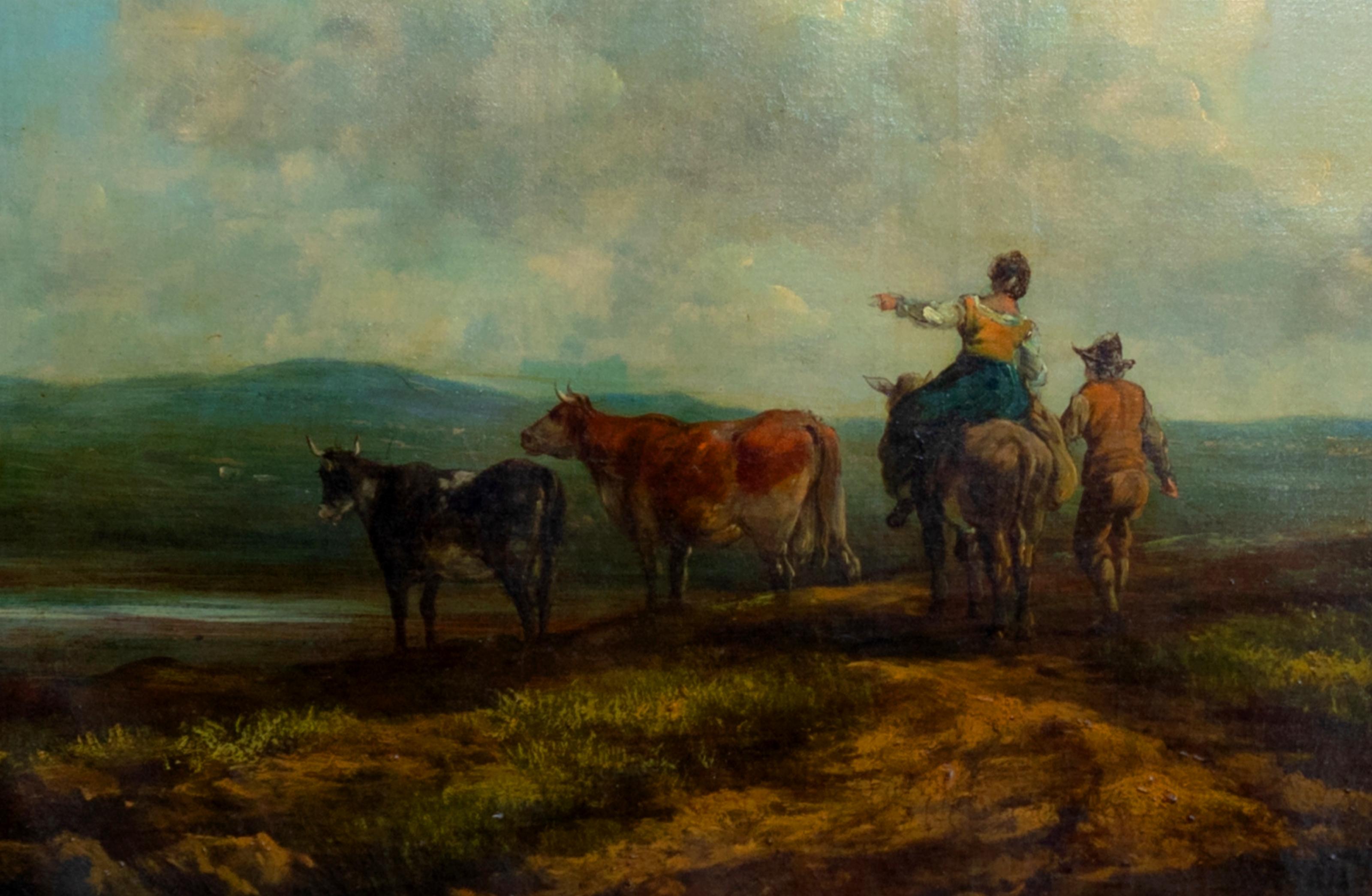 Français Peinture de paysage de style Barbizon avecxes et bergers, 19e siècle  en vente