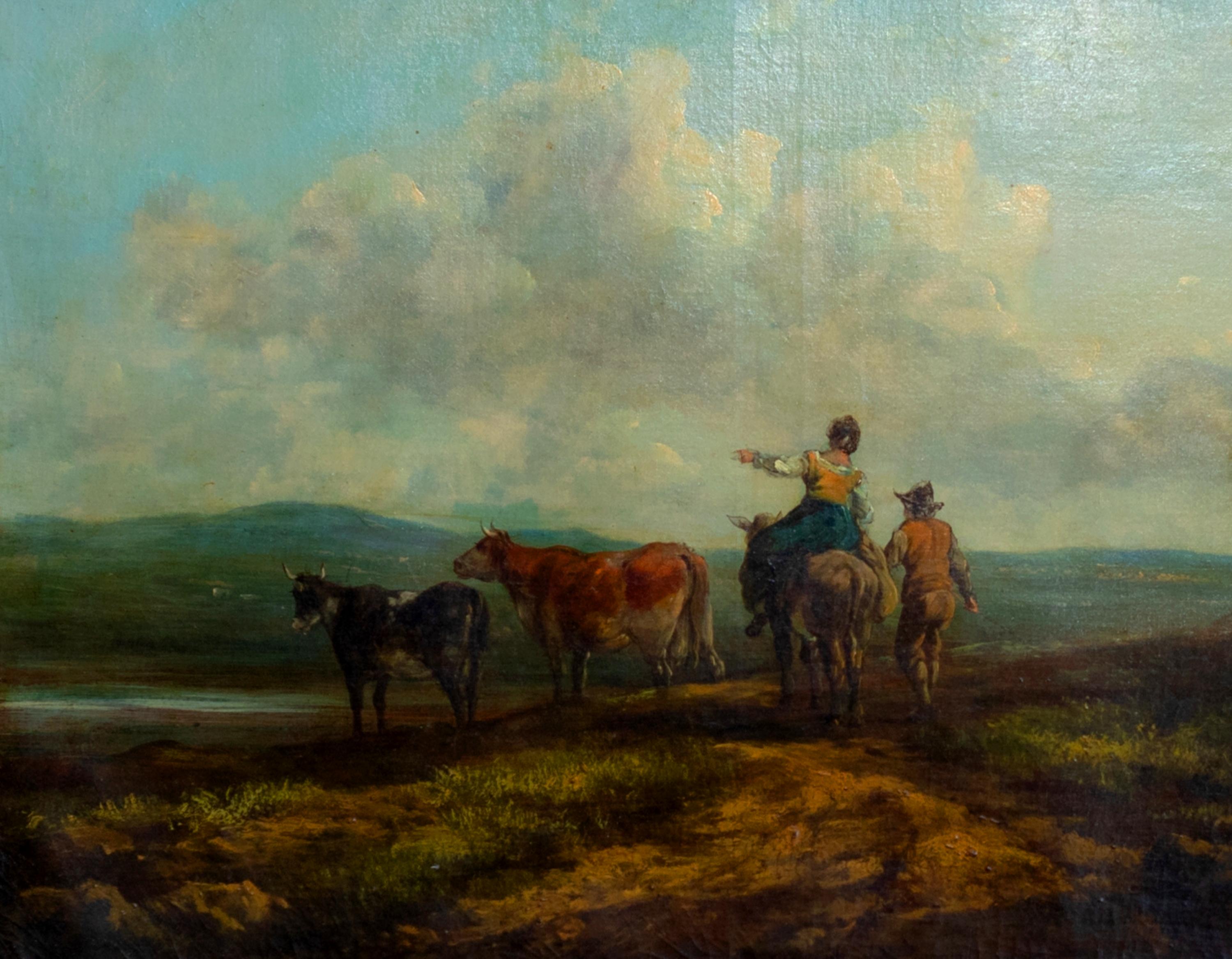 Huilé Peinture de paysage de style Barbizon avecxes et bergers, 19e siècle  en vente