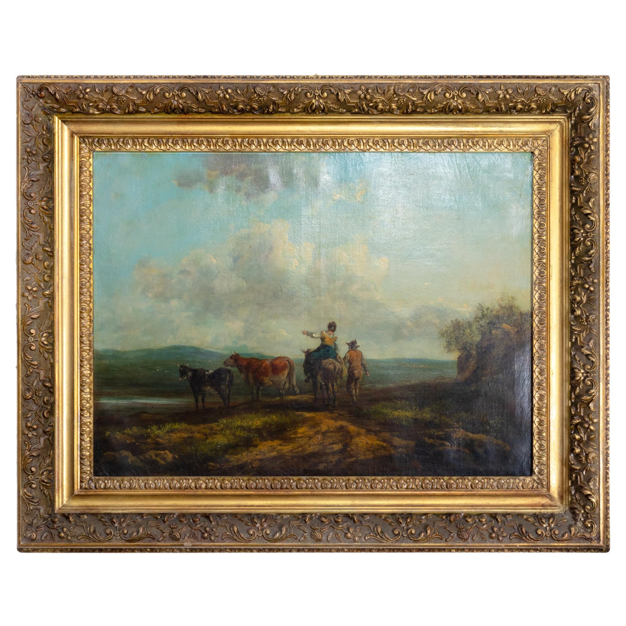 Barbizon Style Oxes And Shepherd Landscape Painting, 19th Century  For Sale
