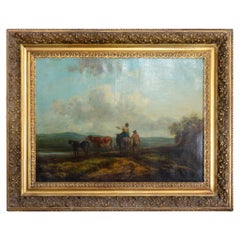 Peinture de paysage de style Barbizon avecxes et bergers, 19e siècle 