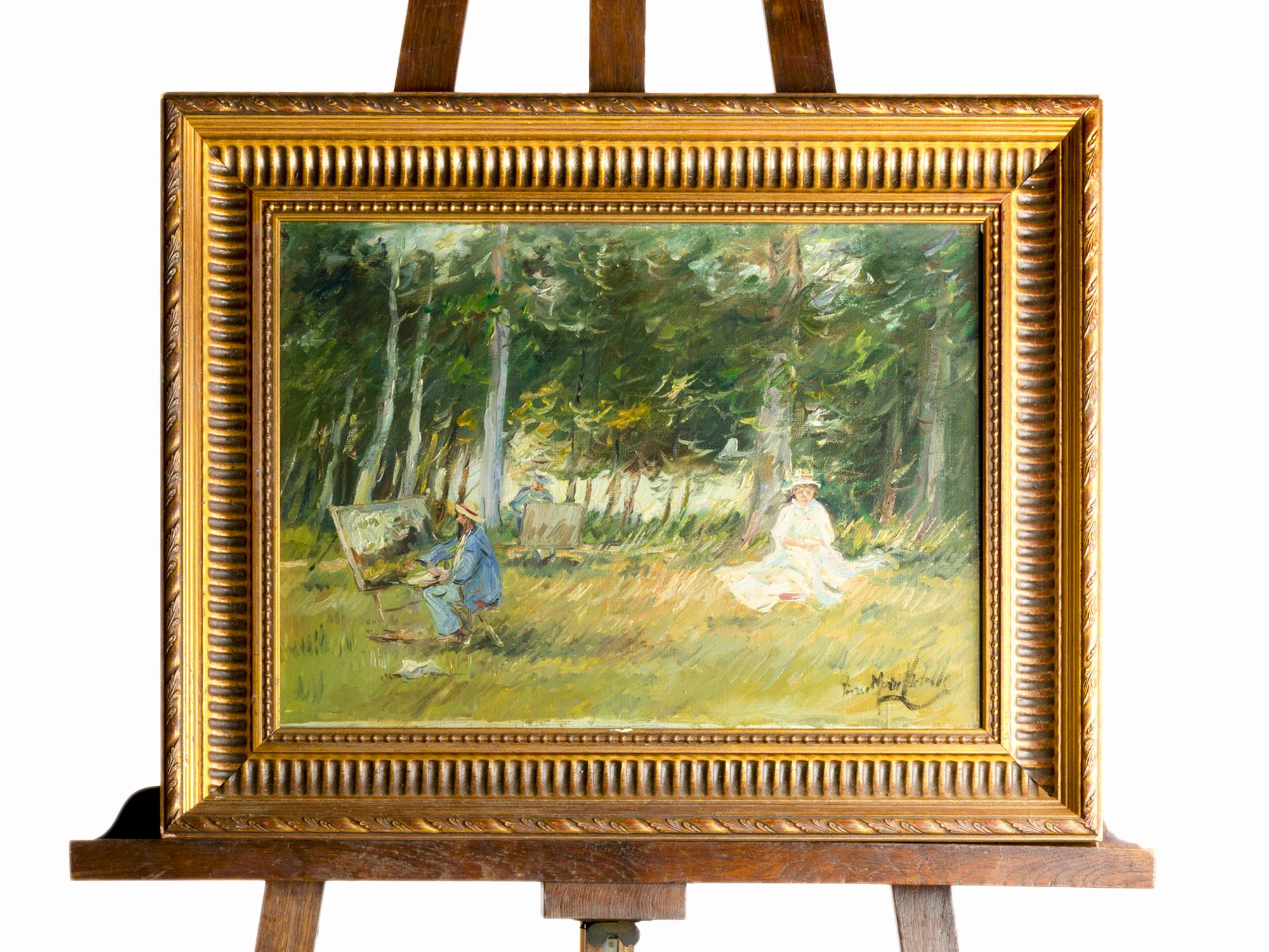 19th Century Painting Scene By  Pierre Morinvidalle , Barbizon Style
4614

A 19th century painting of a bucolic scene in the woods with an old painter painting a lady on an easel, signed 'Pierre Morinville`.
Frame 61 x 47 cm 
Canvas 46 x 33.5 cm
