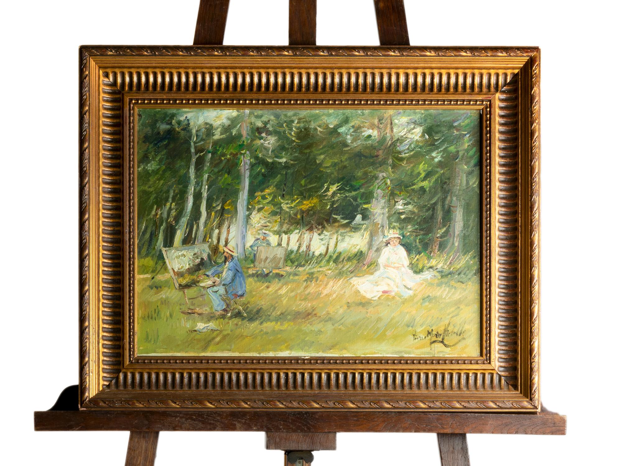 Ein Gemälde im Barbizon-Stil, das eine ländliche Szene mit einem alten Maler zeigt, der eine Dame auf einer Staffelei aus dem 19. Jahrhundert malt.

Gemälde signiert Pierre Morinville.

Rahmen 61 x 47 cm 
Leinwand 46 x 33,5 cm

Beachten Sie, dass