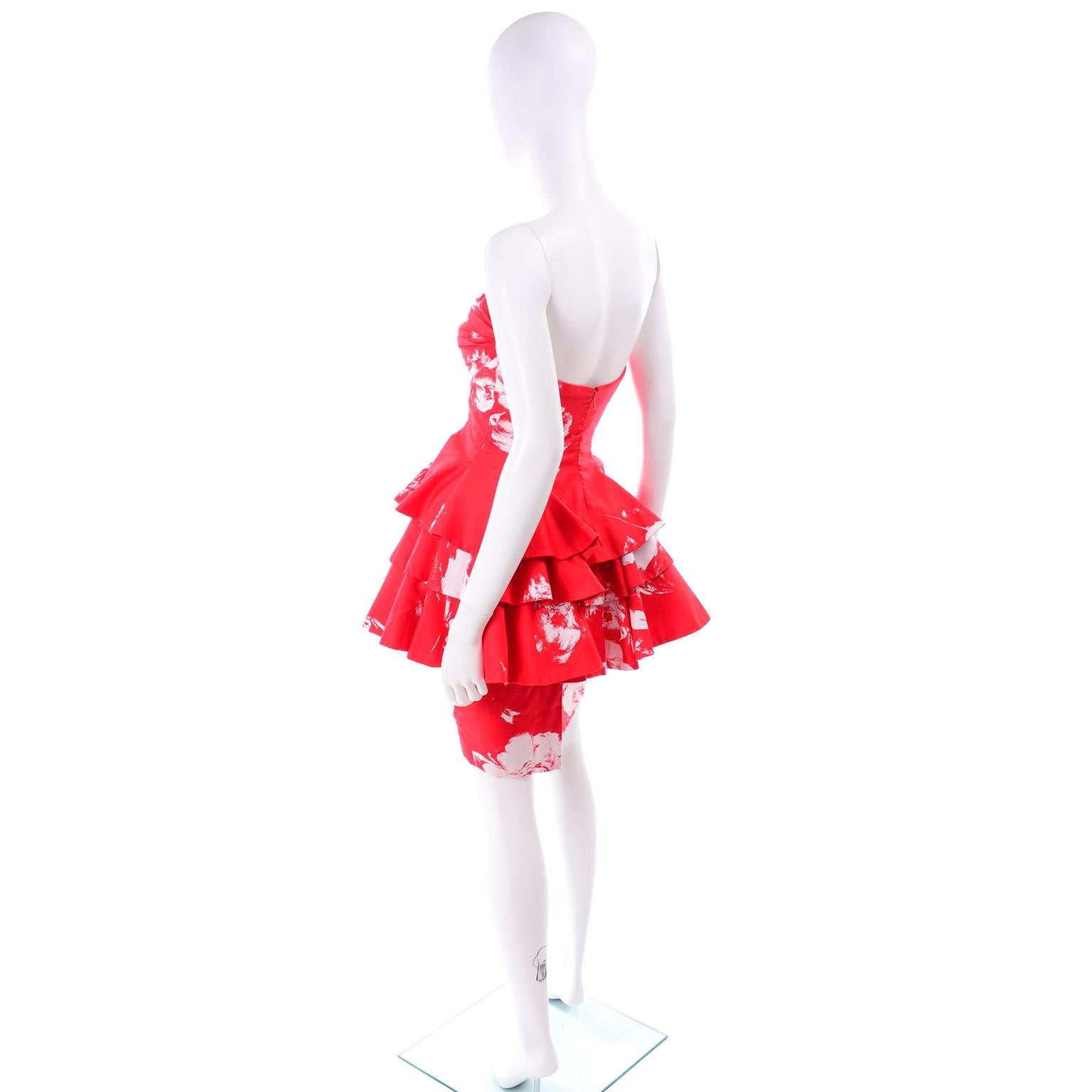 Barboglio Cristina Jan Red & White Floral 2 Pc Strapless Peplum Dress In Excellent Condition In Portland, OR