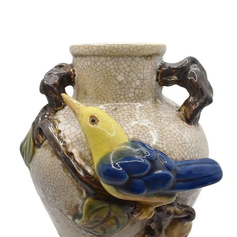 Barbotine Craquelure Ceramic Bird and Flora Motif Vase, France, 20th Century In Good Condition For Sale In Oklahoma City, OK