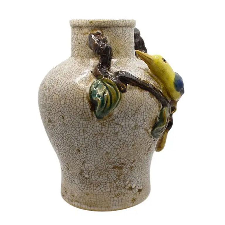 Barbotine Craquelure Ceramic Bird and Flora Motif Vase, France, 20th Century For Sale 1