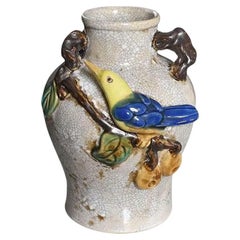 Vintage Barbotine Craquelure Ceramic Bird and Flora Motif Vase, France, 20th Century