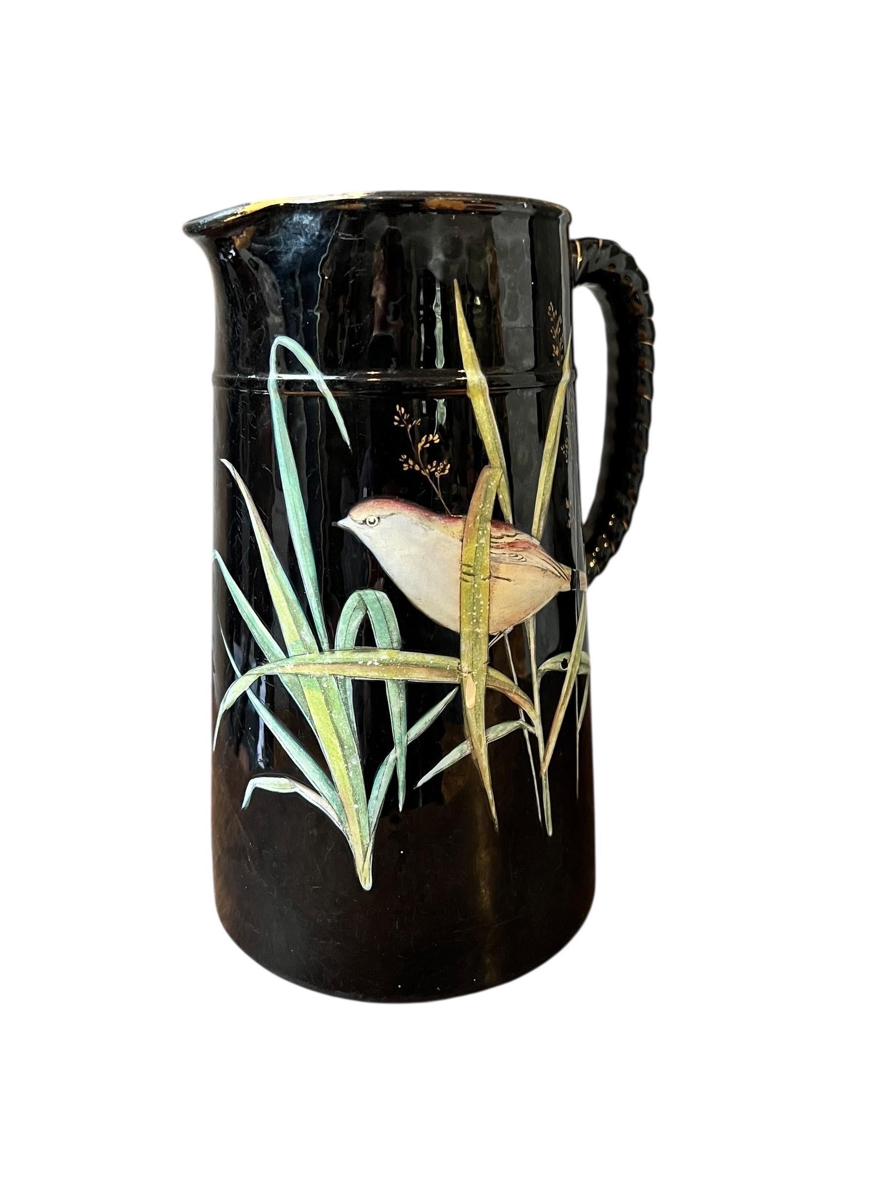 Enameled “Barbotine” earthenware pitcher with Japanese-style decoration – France, circa 1 For Sale