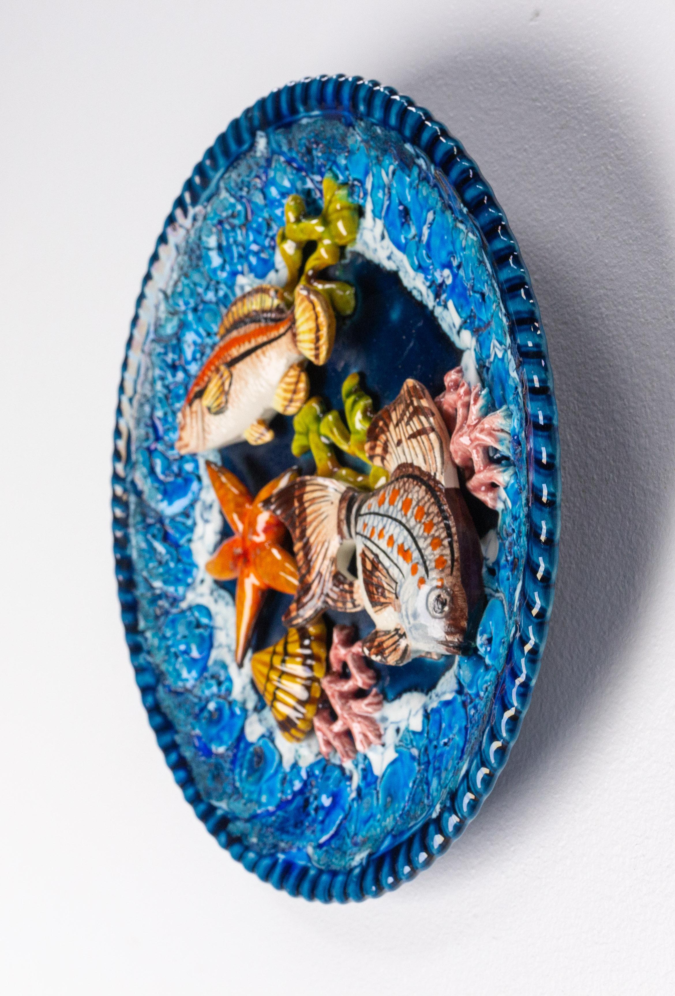 Mid-Century Modern Barbotine Hand Painted Seafood Faience Plate, France, Mid-Century For Sale