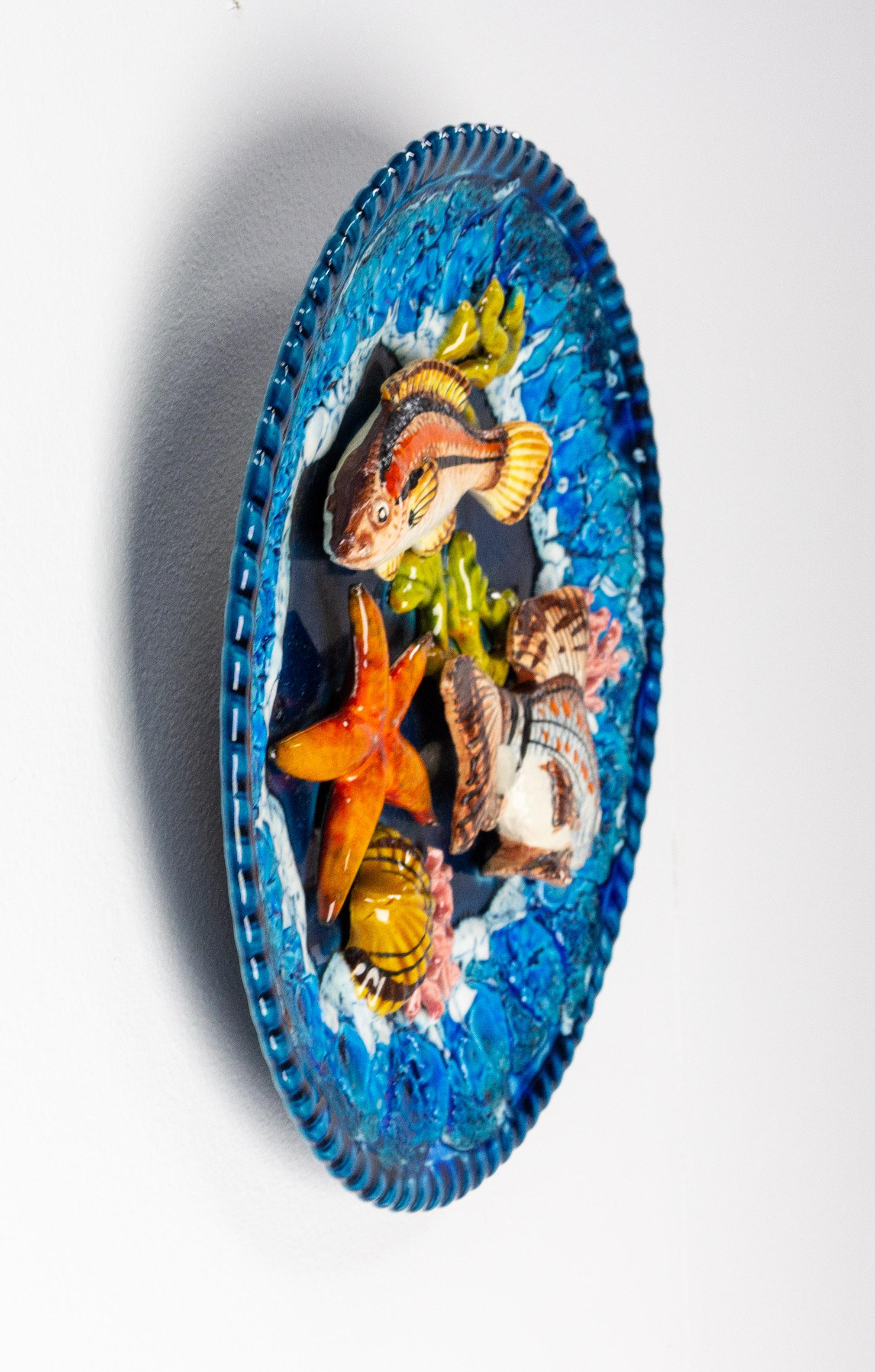 French Barbotine Hand Painted Seafood Faience Plate, France, Mid-Century For Sale