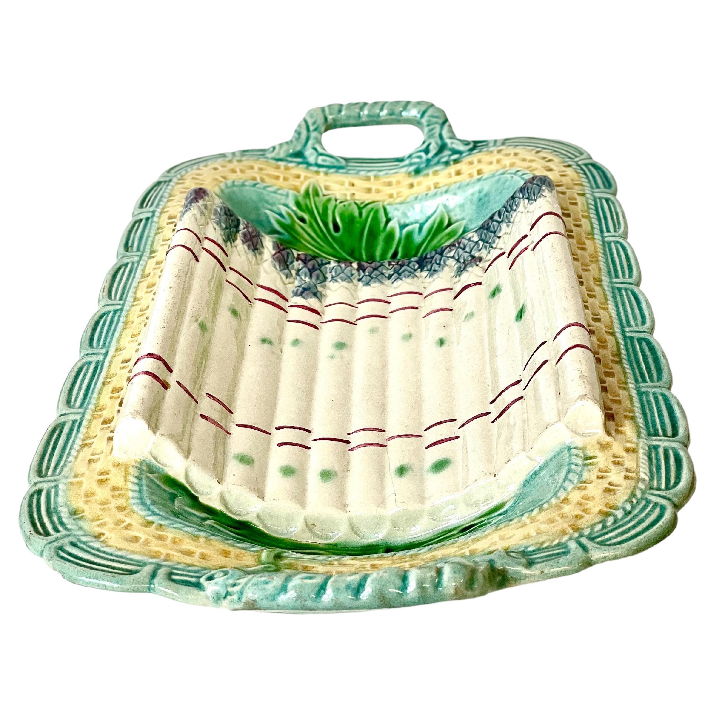 Barbotine Majolica Glazed Asparagus Platter For Sale