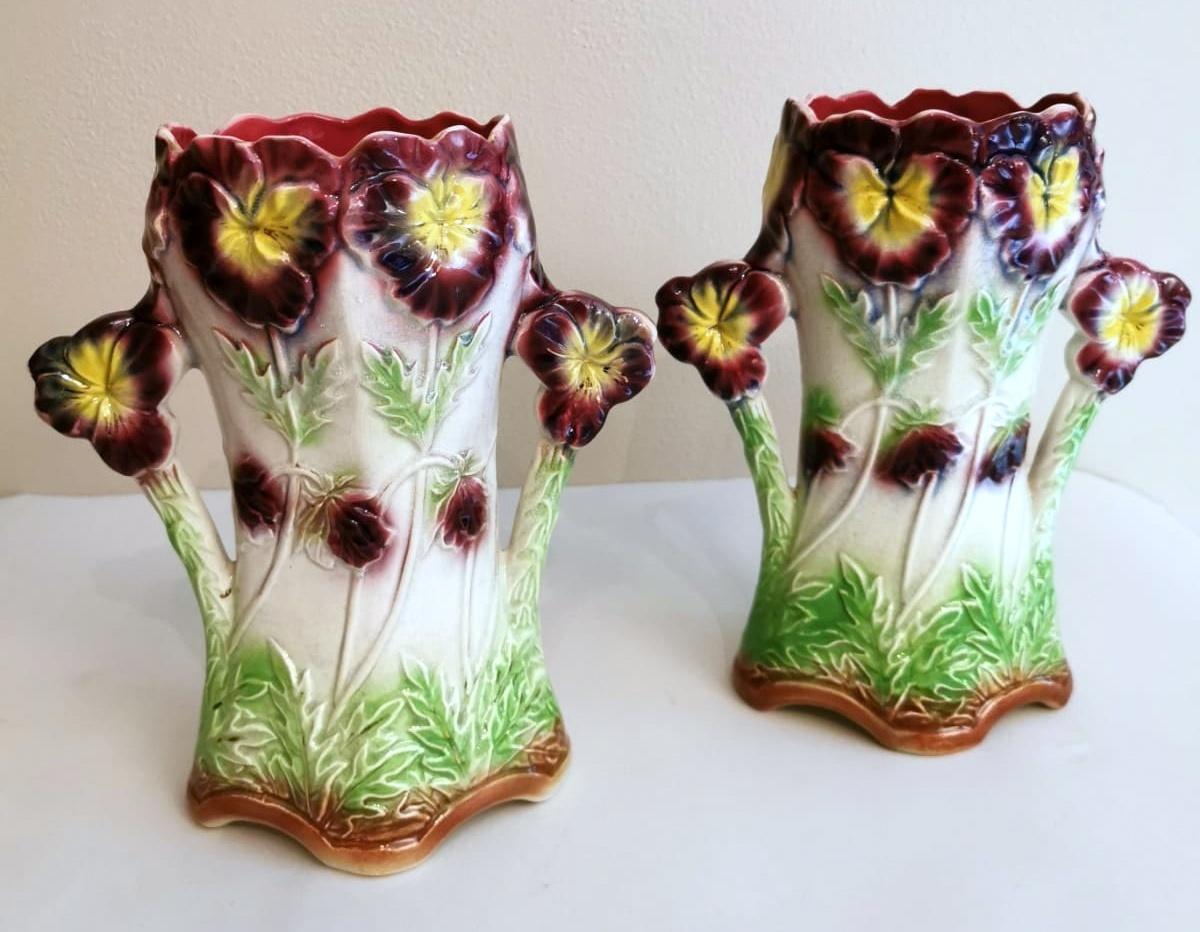 Belle Époque Barbotine Onnaing Pair of French Ceramic Vases