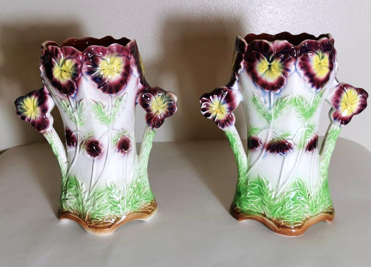 Hand-Painted Barbotine Onnaing Pair of French Ceramic Vases