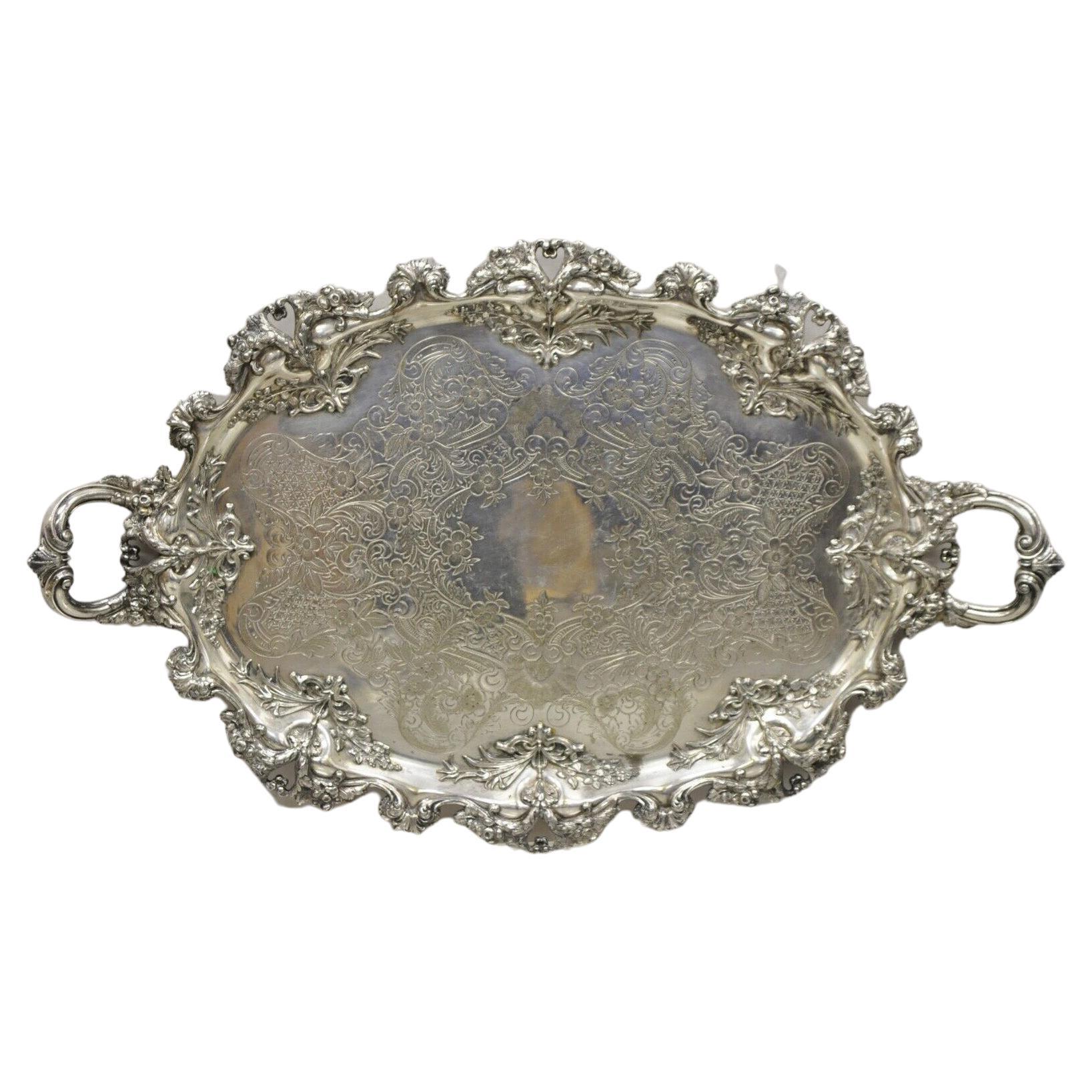 Barbour Co BSCEP Antique Victorian Ornate Silver Plate Repousse Oval Platter For Sale