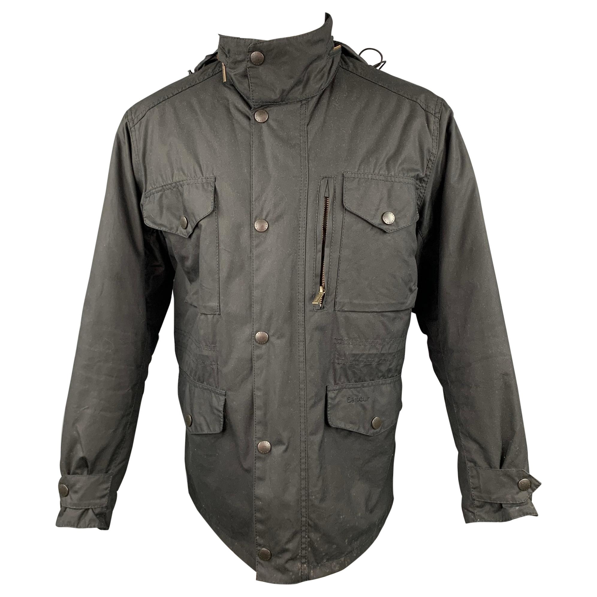 BARBOUR Sapper Size M Black Waxed Cotton Corduroy Collar Zip & Snaps Jacket