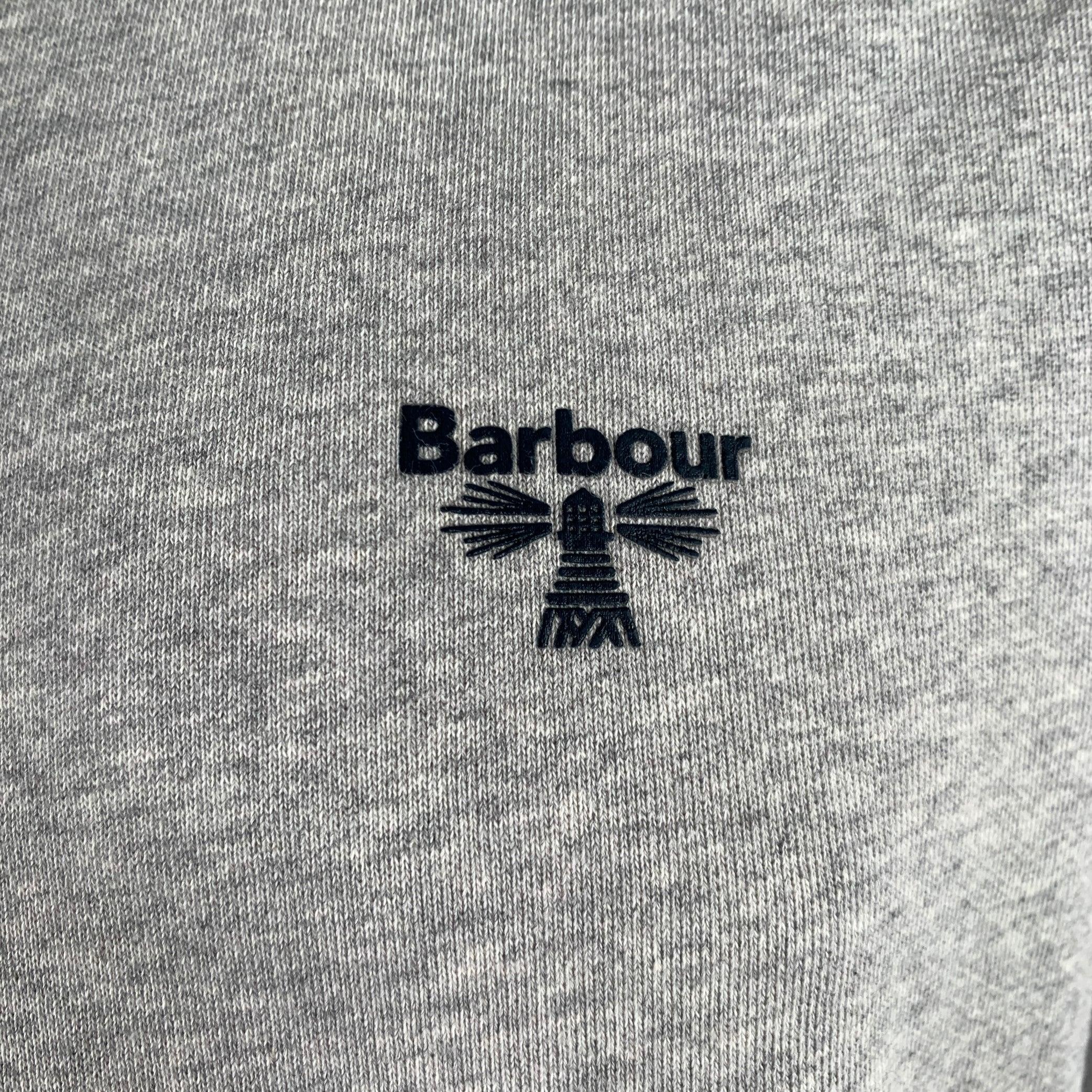 BARBOUR pullover
in a heather grey cotton knit featuring black BARBOUR logo, long sleeves, and crew neck. Made in Portugal.Excellent Pre-Owned Condition. 

Marked:   L 

Measurements: 
 
Shoulder: 17.5 inches Chest: 46 inches Sleeve: 25 inches