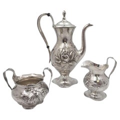 Antique Barbour Sterling Silver 3-Piece Demitasse Tea/Coffee Set in Martele Art Nouveau