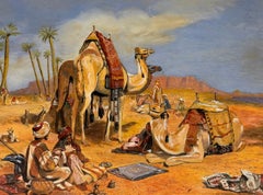 Arabs and Camels in a Blue Sky Cloudy Desert Orientalist Oil Painting