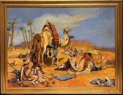 Arabs and Camels in a Blue Sky Cloudy Desert Orientalist Oil Painting