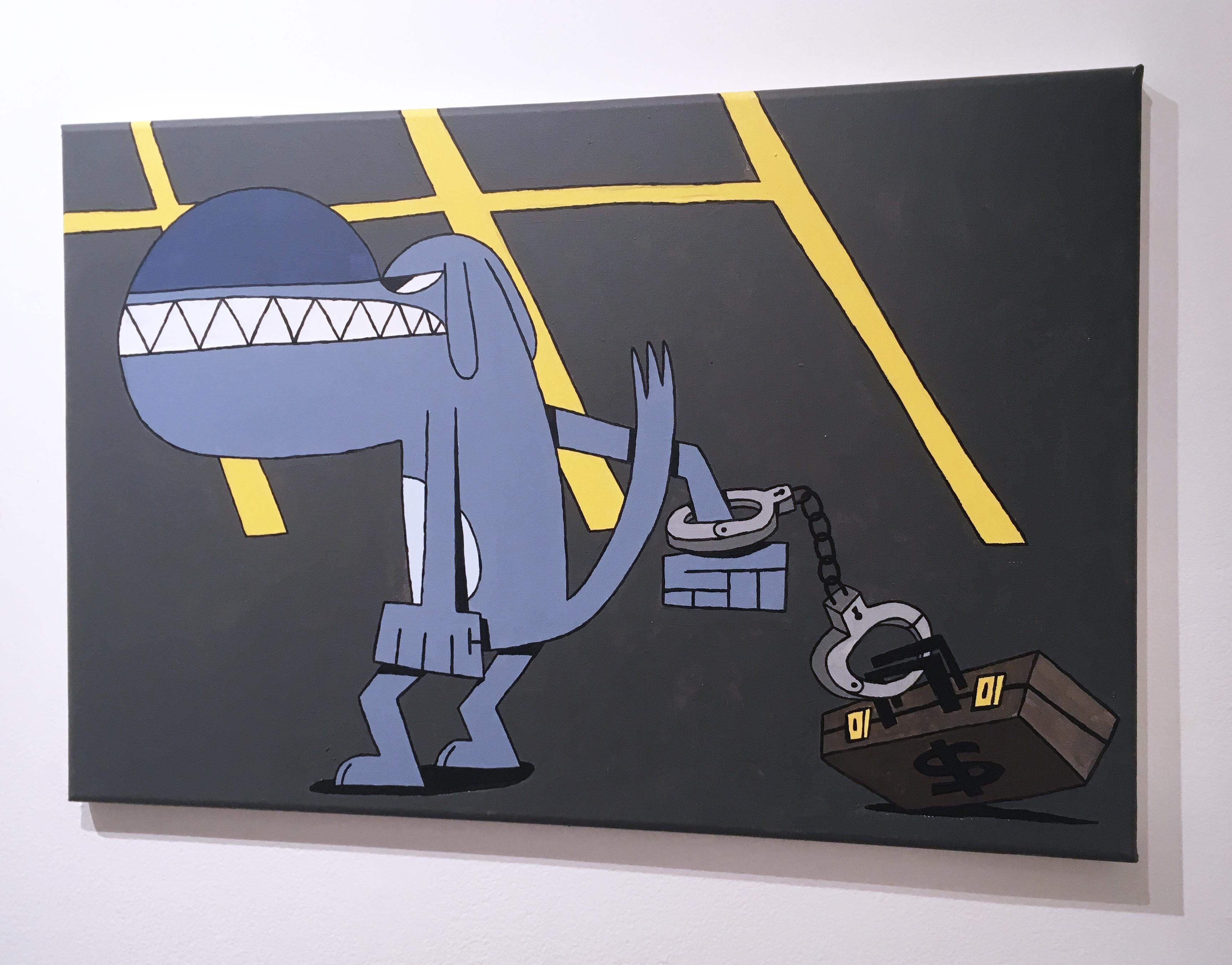 Cuffed to the Game by BARC the dog, acrylic on canvas pop art comic book animal character, charcoal gray and silver, light blue, stone blue, bold yellow, black and white, saturated colors

BARC the dog stands in a parking lot with yellow lines to