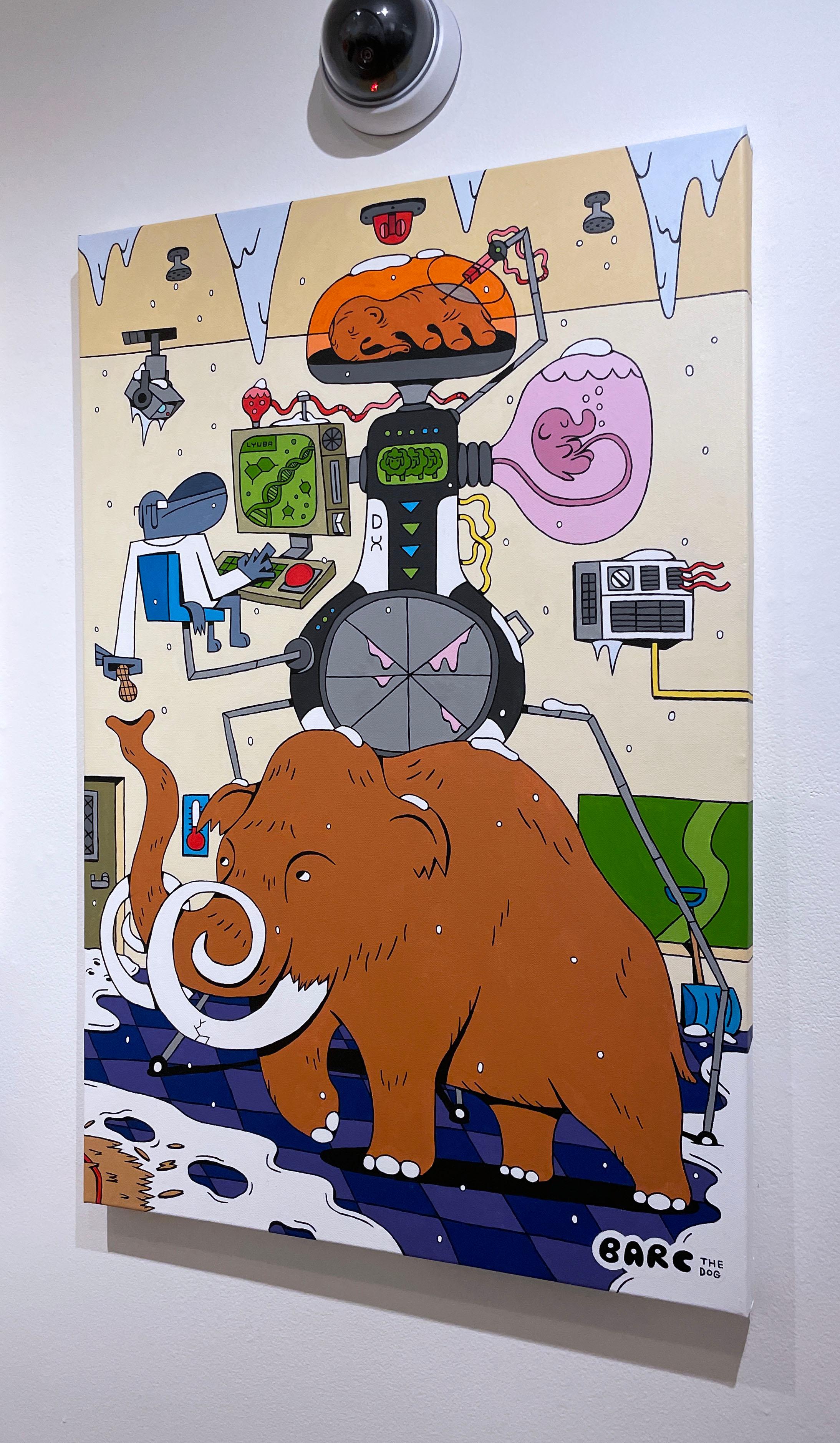 De-Extinctionizer (Lyuba) by BARC the dog (2022), pop art comic book style, acrylic on canvas, illustration, cartoon inspired character art, laboratory scene, science, woolly mammoth, machines, surrealism

Welcome to the world BARC the dog. In this