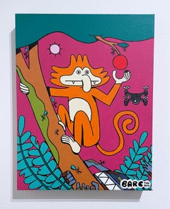 Dream Monkey by BARC the dog, comic book style, apple tree, orange, pink, green