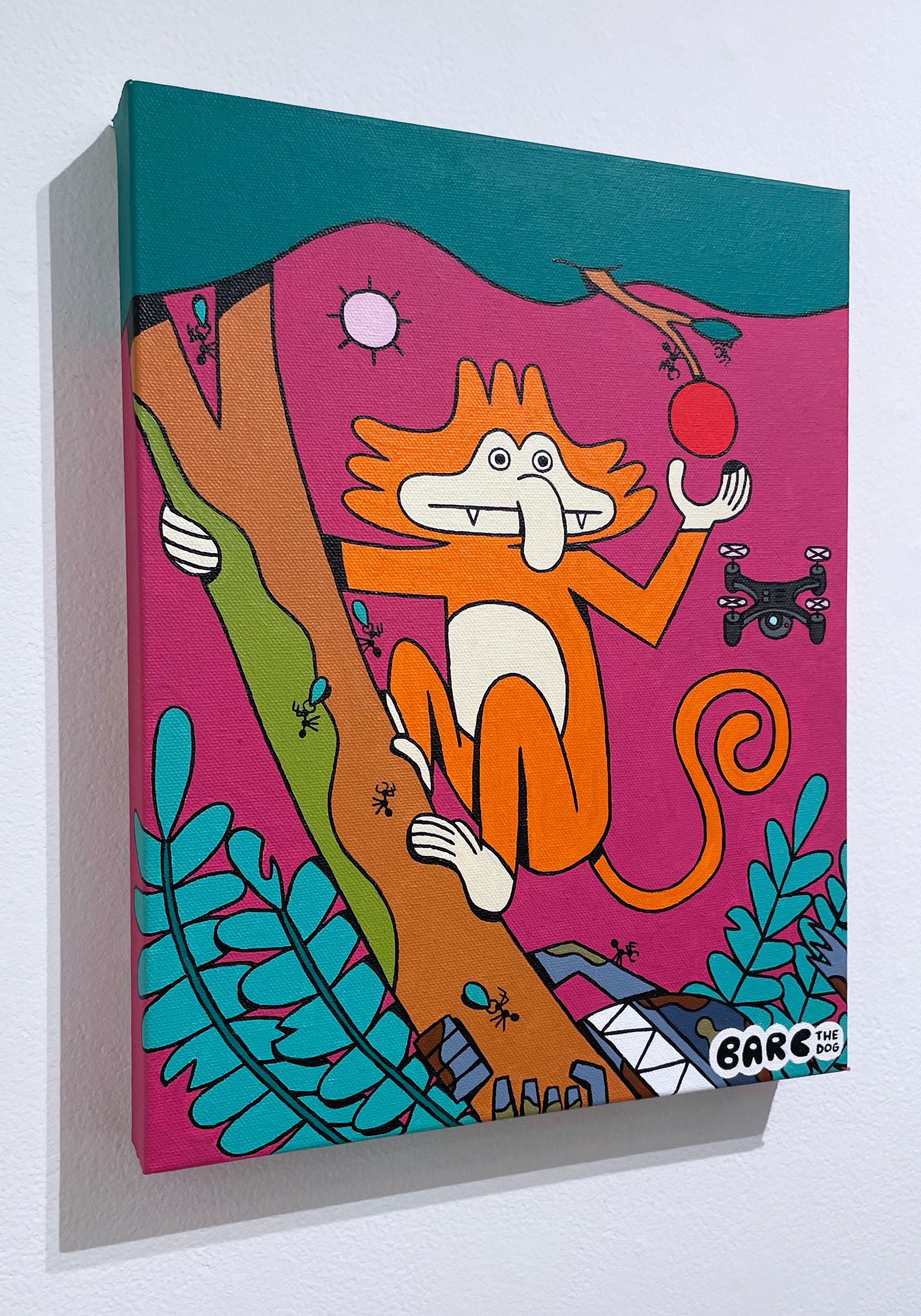 Dream Monkey by BARC the dog (2021), pop art comic book style, acrylic on canvas, illustration, cartoon inspired character art, monkey, apple tree, drone, foliage, jungle

Welcome to the world BARC the dog. In this vignette, BARC is at the bottom