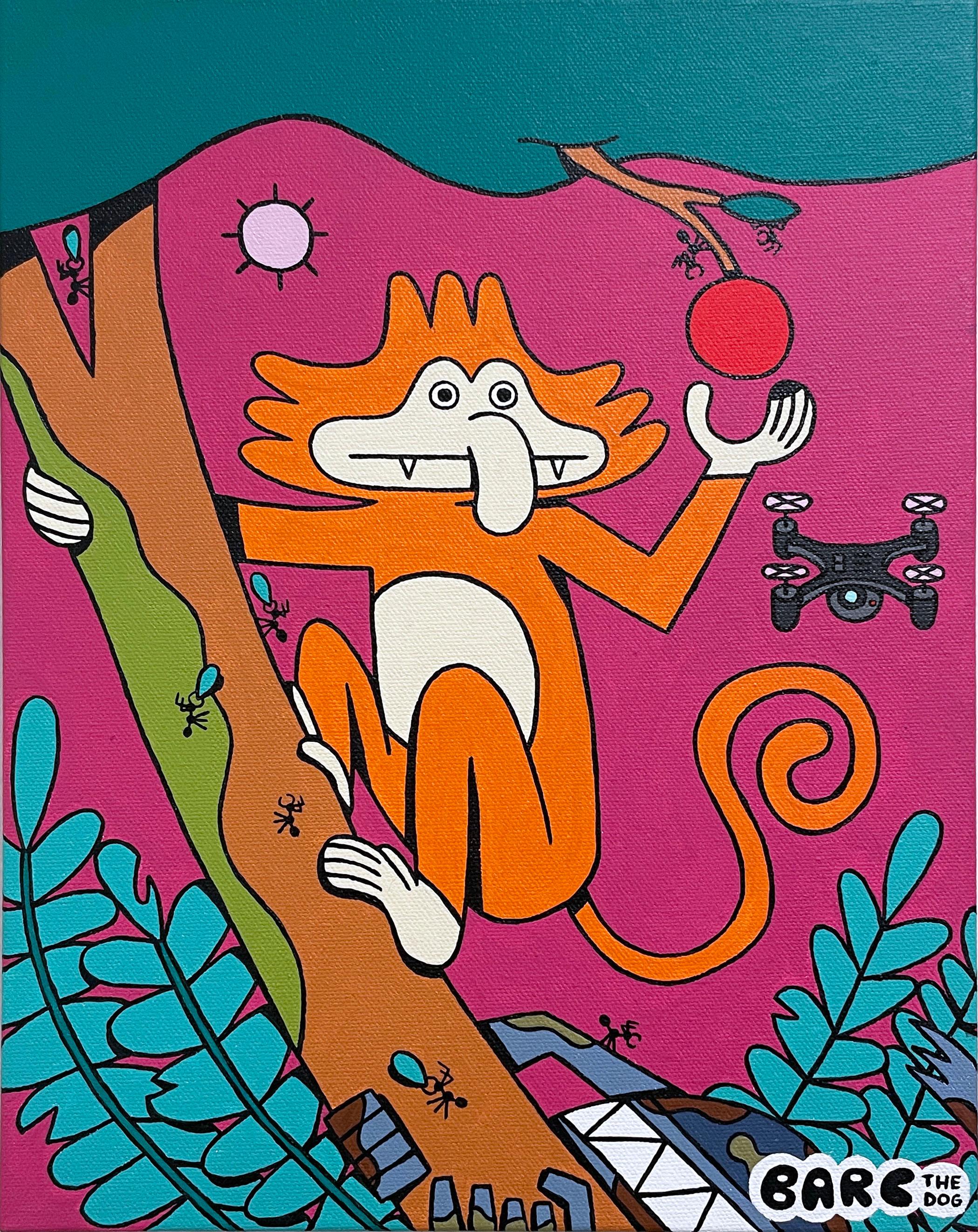 Dream Monkey by BARC the dog, comic book style, apple tree, orange, pink, green