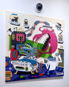 Exorcisor V6 by BARC the dog, comic book style, science laboratory, machines