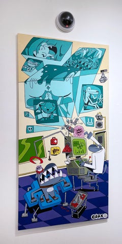 Mem Loss 2000 by BARC the dog, comic book style, science laboratory, machines