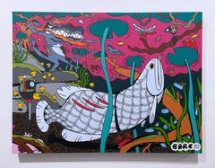 Pearl Dragon by BARC the dog, underwater scene, fish, lily pads, pink, green