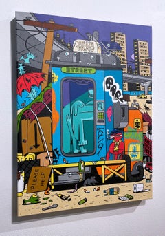 Tele-Trav (Street) by BARC the dog, comic book style, bright, dark, cityscape