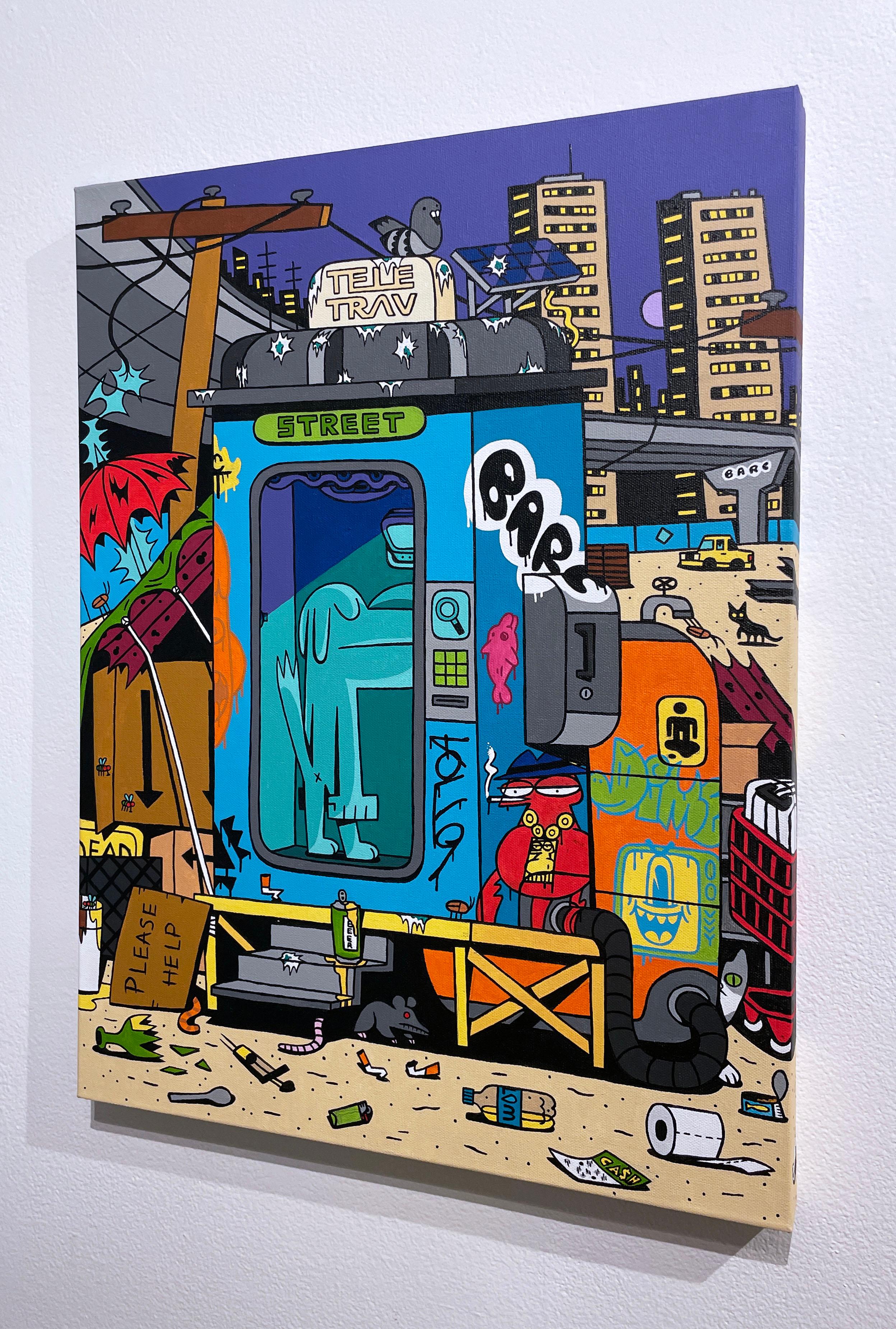 Tele-Trav (Street) by BARC the dog (2022), pop art comic book style, acrylic on canvas, illustration, cartoon inspired character art, cityscape, urban scene, under the bridge, buildings, teleportation machine

Welcome to the world BARC the dog. In