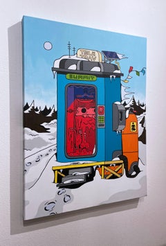 Tele-Trav (Summit) by BARC the dog, comic book style, bright, mountain, sky