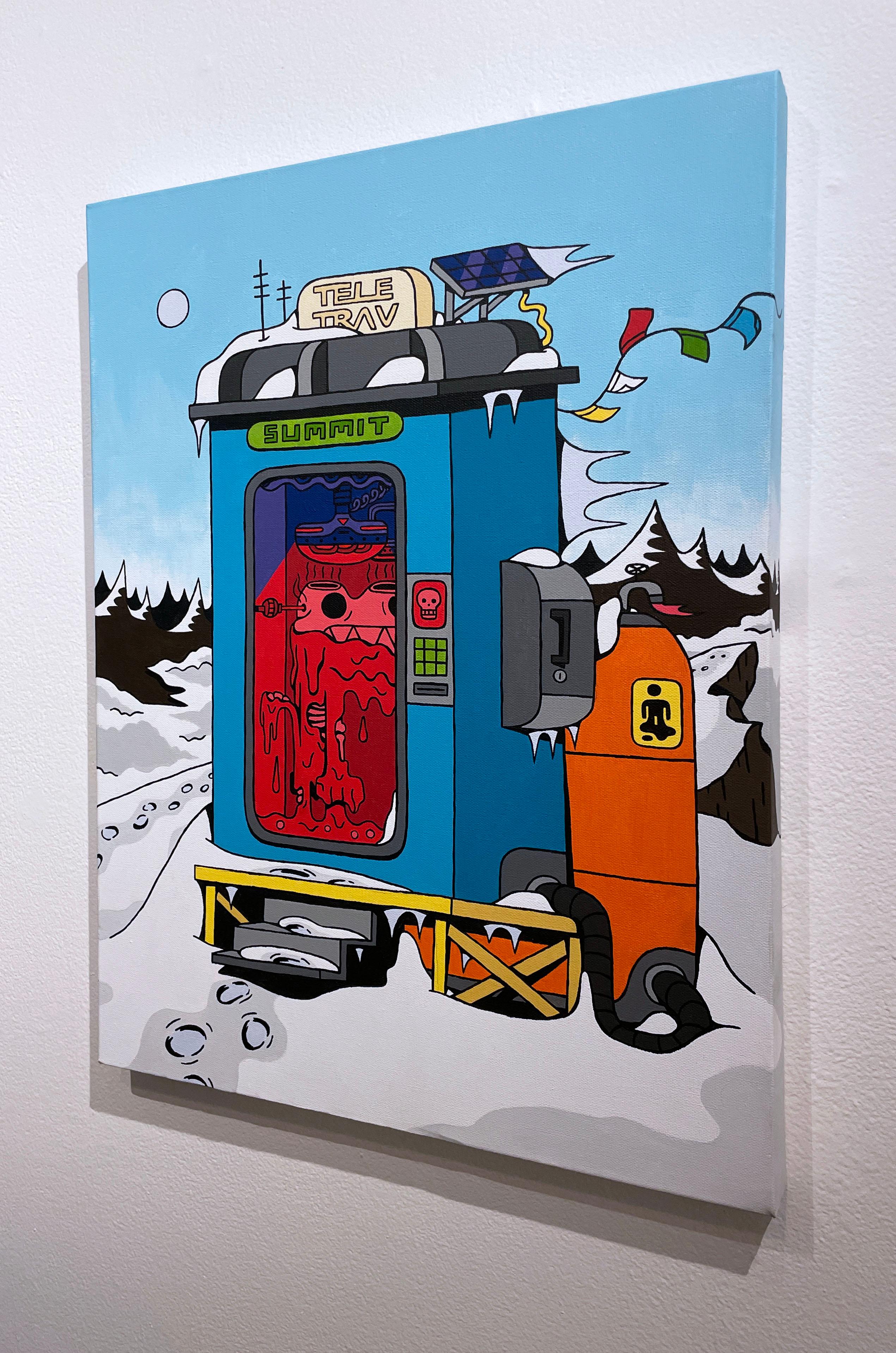 Tele-Trav (Summit) by BARC the dog (2022), pop art comic book style, acrylic on canvas, illustration, cartoon inspired character art, mountain top scene, snow, sky, trees, prayer flags, teleportation machine

Welcome to the world BARC the dog. In