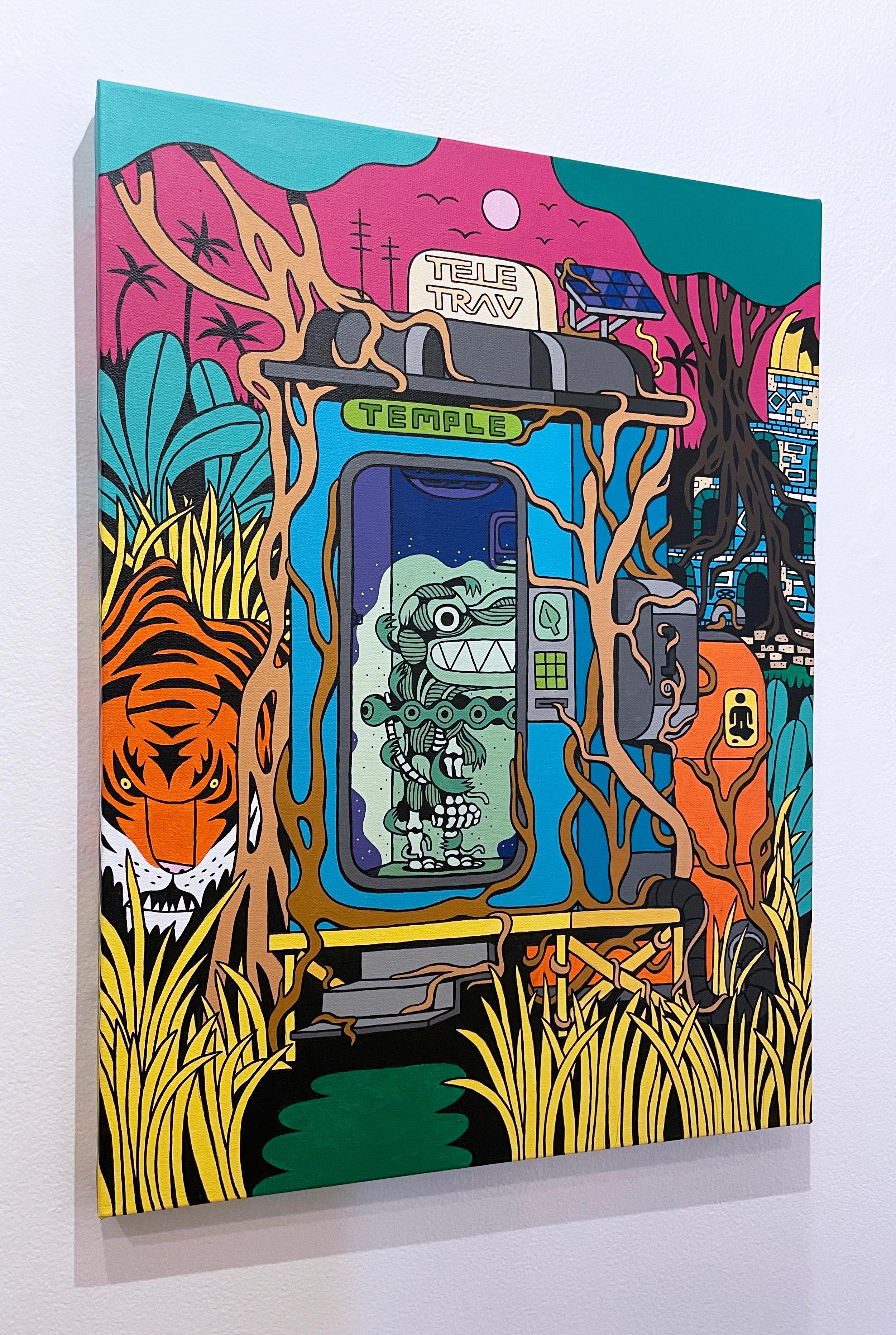 Tele-Trav (Temple) von BARC der Hund, Comic-Buchstil, hell, Dschungel, Tiger – Painting von BARC the dog