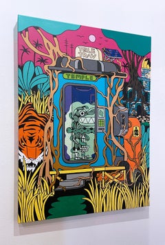 Tele-Trav (Temple) by BARC the dog, comic book style, bright, jungle, tiger