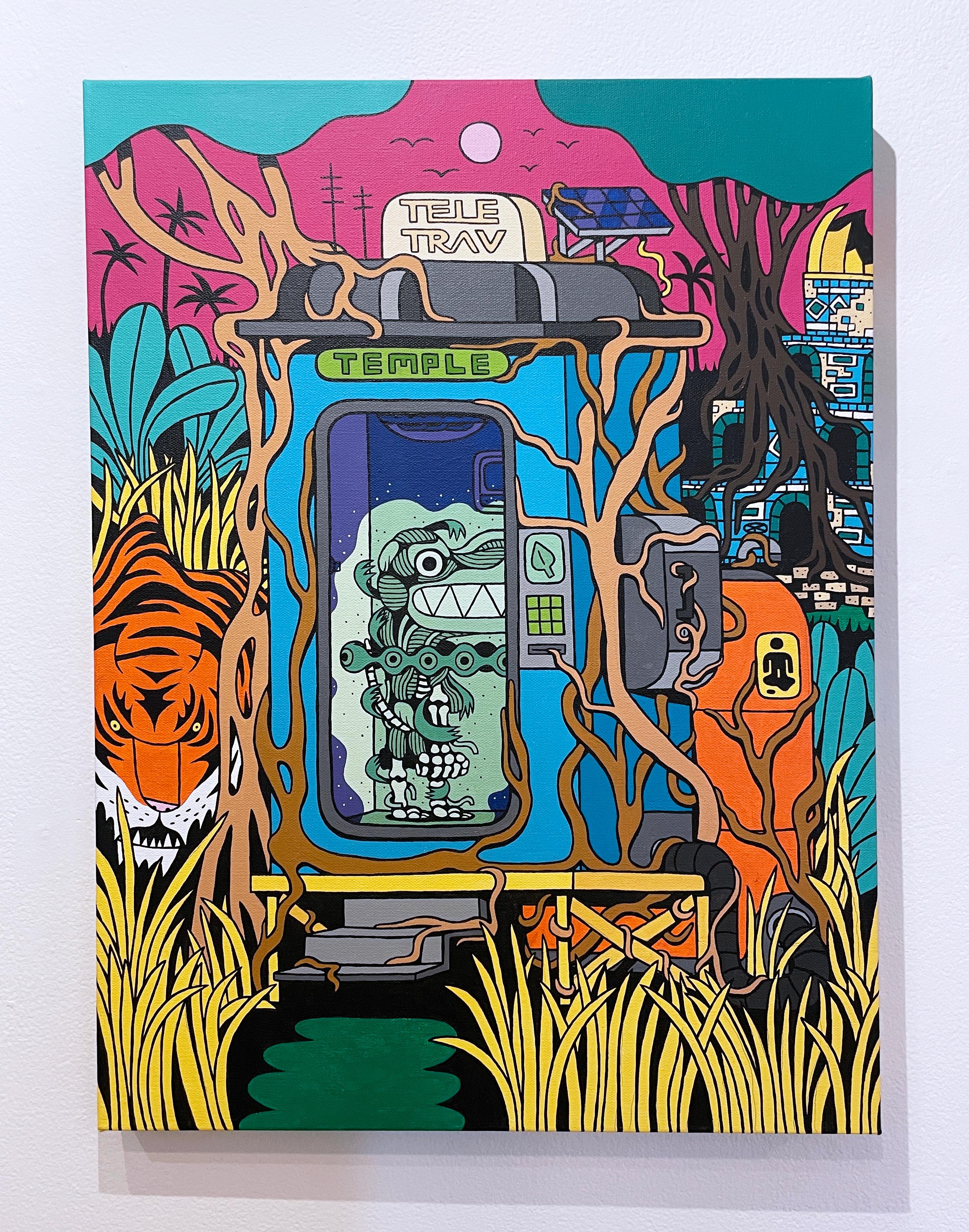 Tele-Trav (Temple) von BARC der Hund, Comic-Buchstil, hell, Dschungel, Tiger (Pop-Art), Painting, von BARC the dog
