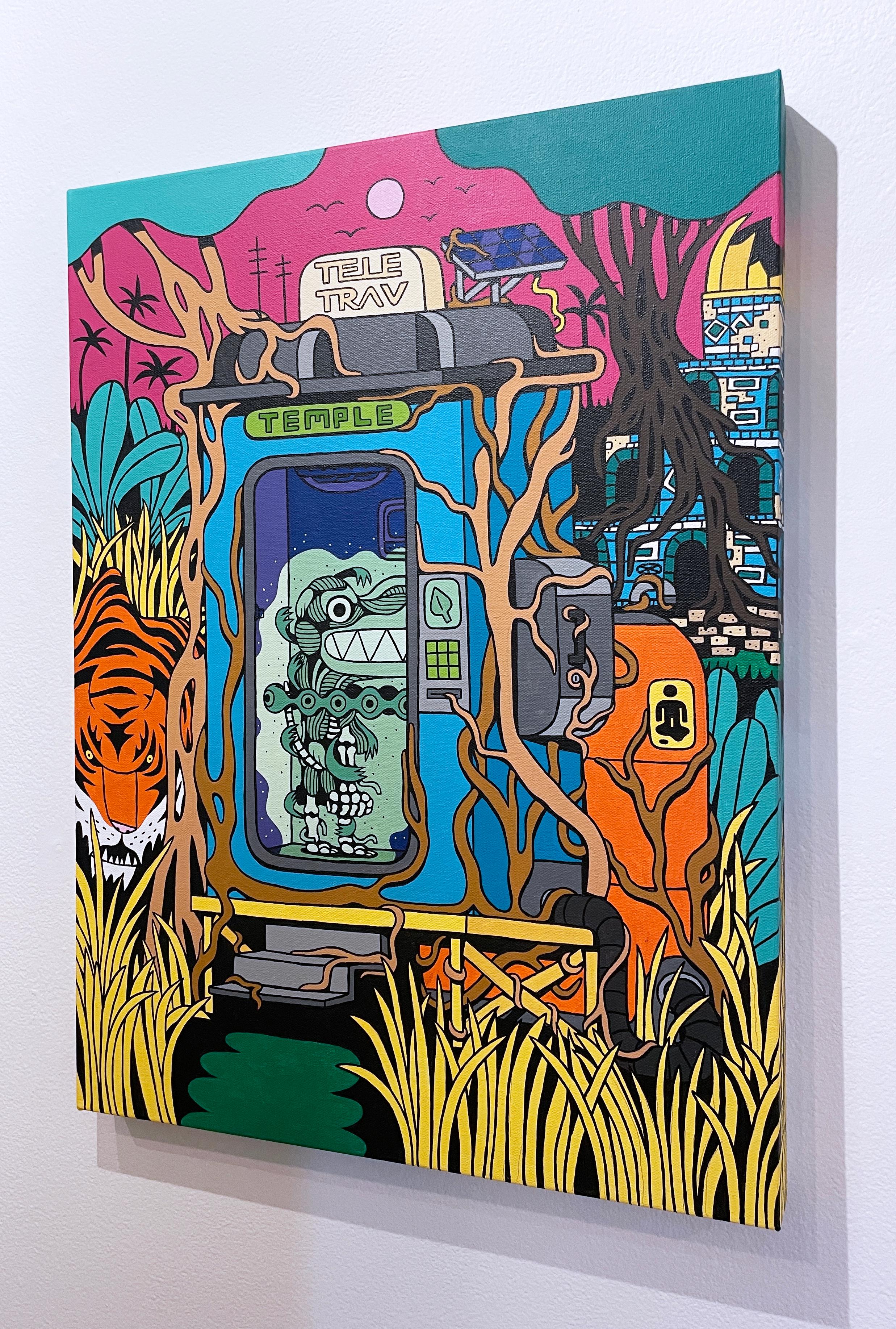 Tele-Trav (Temple) by BARC the dog (2022), pop art comic book style, acrylic on canvas, illustration, cartoon inspired character art, jungle, tiger, trees, teleportation machine

Welcome to the world BARC the dog. In this vignette, BARC is inside a
