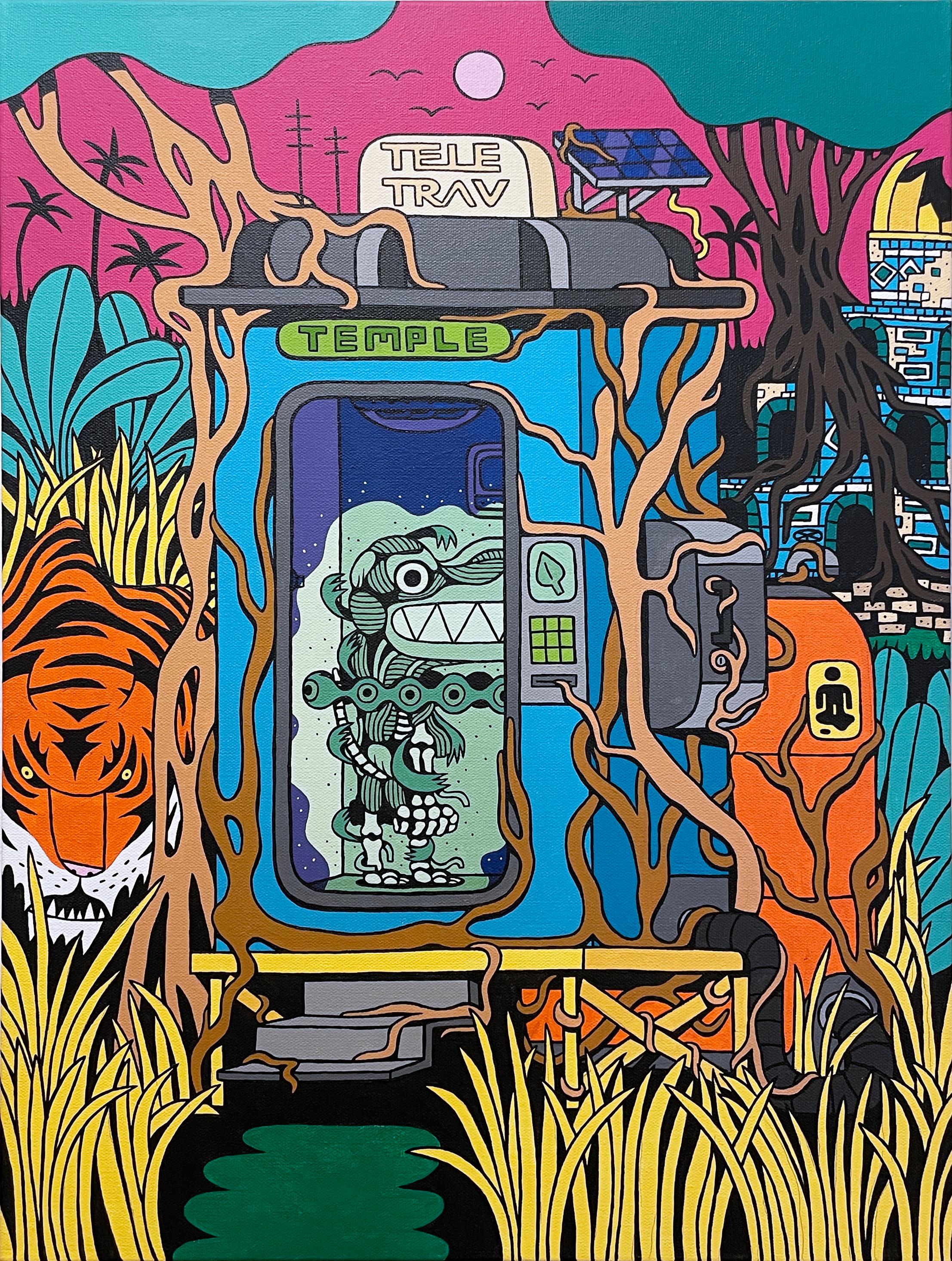 BARC the dog Landscape Painting – Tele-Trav (Temple) von BARC der Hund, Comic-Buchstil, hell, Dschungel, Tiger