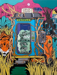 Tele-Trav (Temple) by BARC the dog, comic book style, bright, jungle, tiger