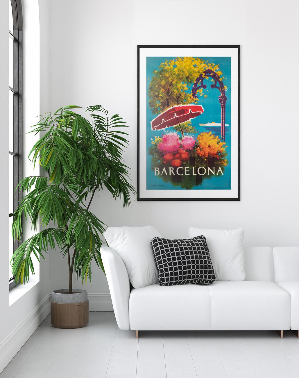 Fantastic original travel poster for Barcelona from the 1950s. Issued by the Municipal Office of Tourism and Information and featuring sumptuous, colourful artwork depicting a red sun umbrella above flowers in front of a tree with a sleek white ship