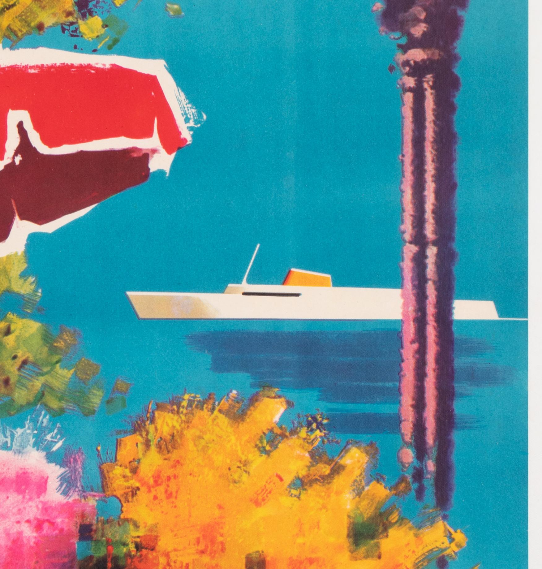 Lin Barcelona 1950s Spanish Travel Advertising Poster, Flowers, Ship en vente