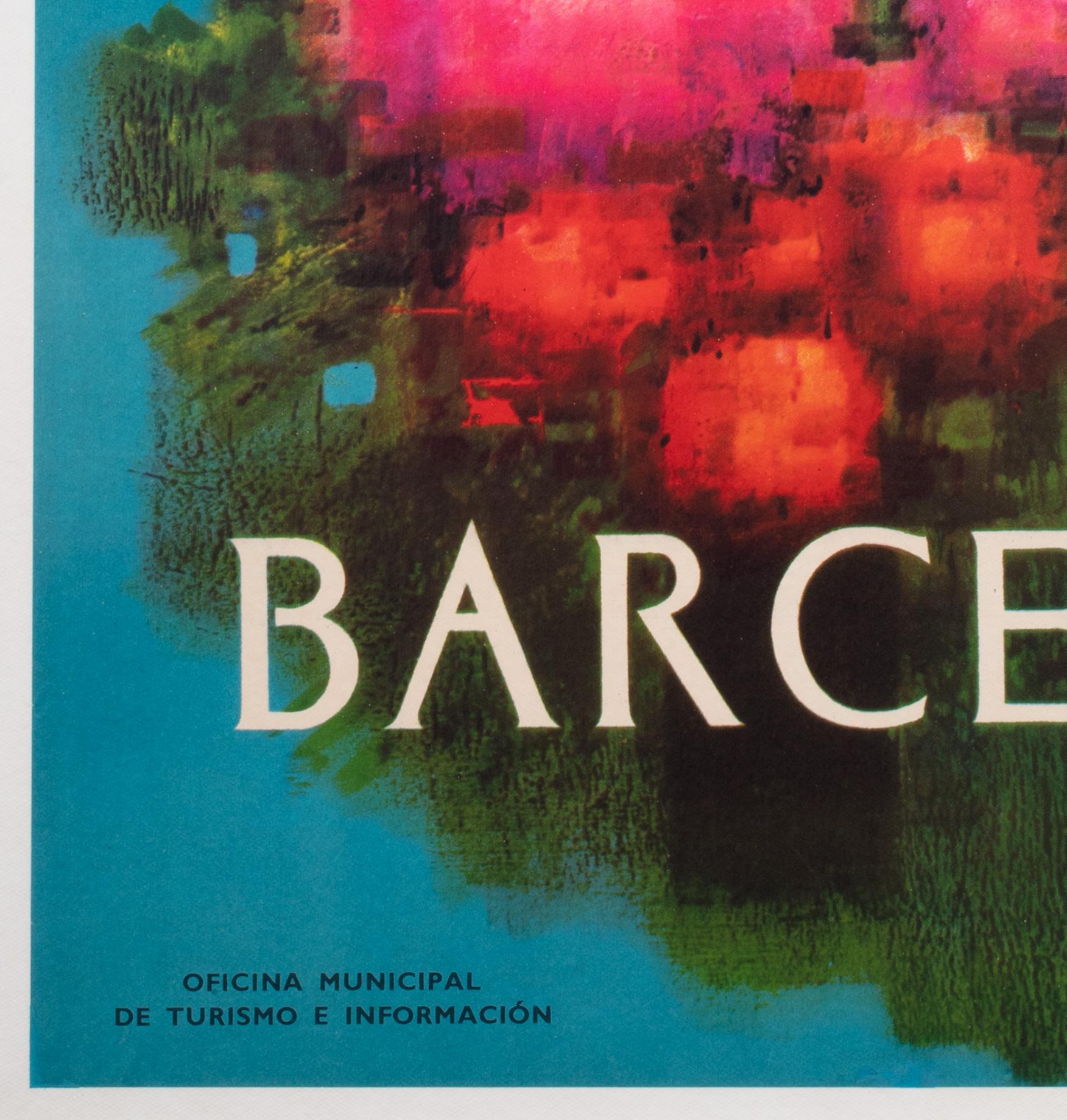Spanisches Reise-Werbeplakat, Blumen, Schiff, Barcelona, 1950er Jahre im Angebot 2