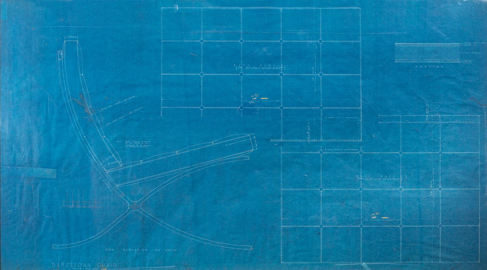 Barcelona chair blueprint 

USA, circa 1950

Ludwig Mies van der Rohe

framed: 76 ¼” L x 44 ¼” H x 1